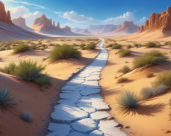Desert Landscape with Red Rocks and Dry Riverbed