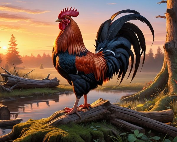 Majestic Rooster by Serene Water at Sunset