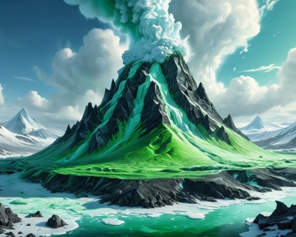 Majestic volcanic mountain with emerald slopes and water