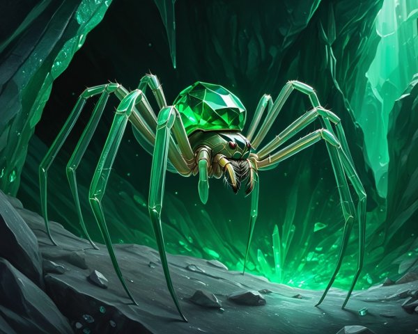 Emerald Spider in a Dark Cavern with Crystal Formations