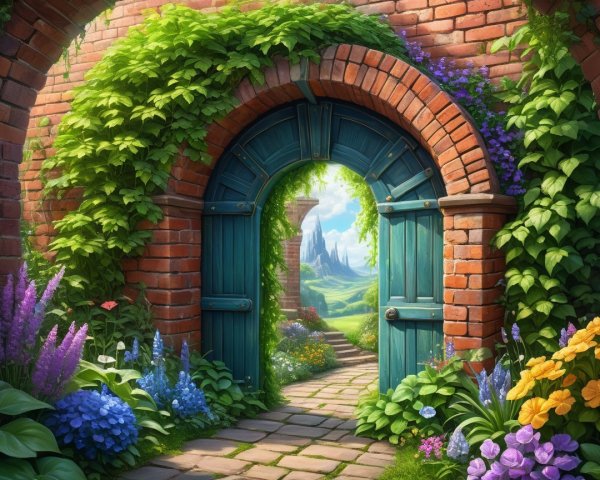 Charming Brick Archway with Vines and Scenic Pathway