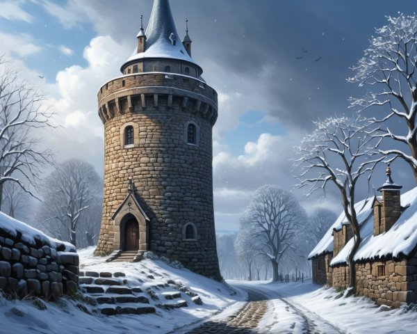 Tall stone tower in a winter landscape with snow