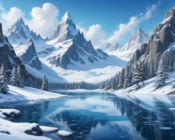 Winter Landscape with Snow-Capped Mountains and Lake