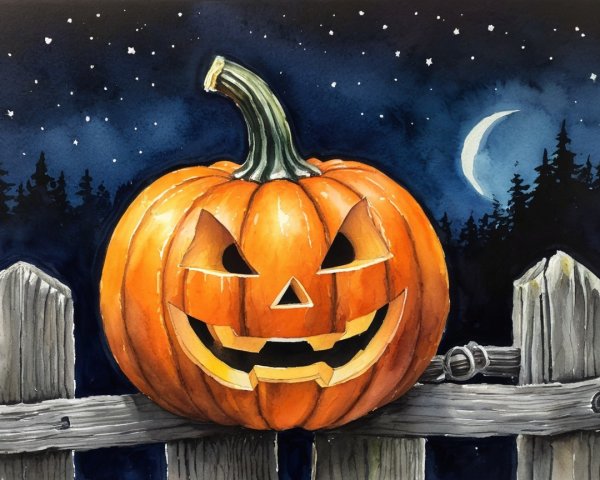 Vibrant Halloween Scene with Carved Pumpkin and Moon