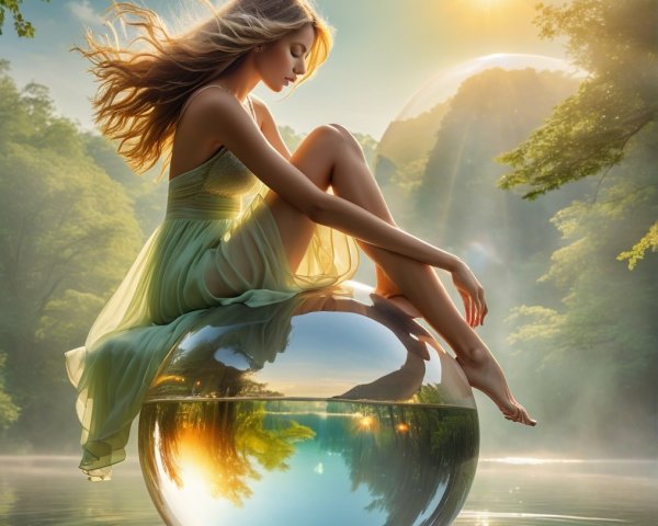 Young Woman in Ethereal Dress by Tranquil Lake