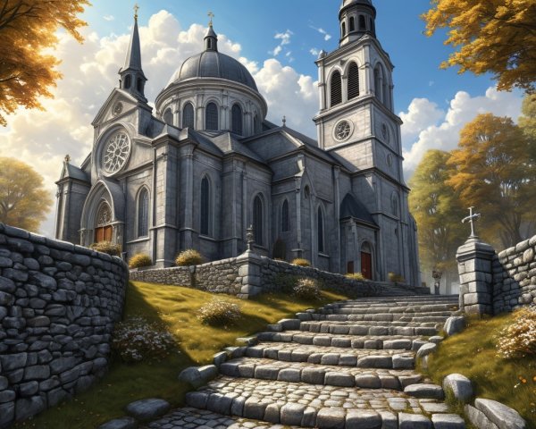 Stone Cathedral Surrounded by Autumn Trees and Sky
