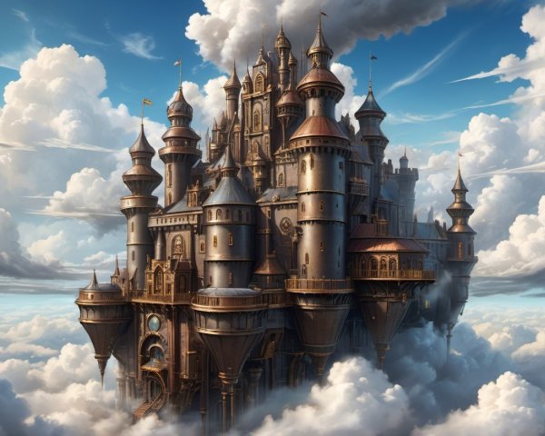 Majestic Castle Above Fluffy Clouds with Spires and Towers