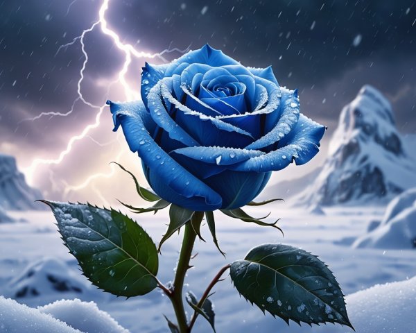 Blue Rose in Snowy Landscape with Dramatic Sky