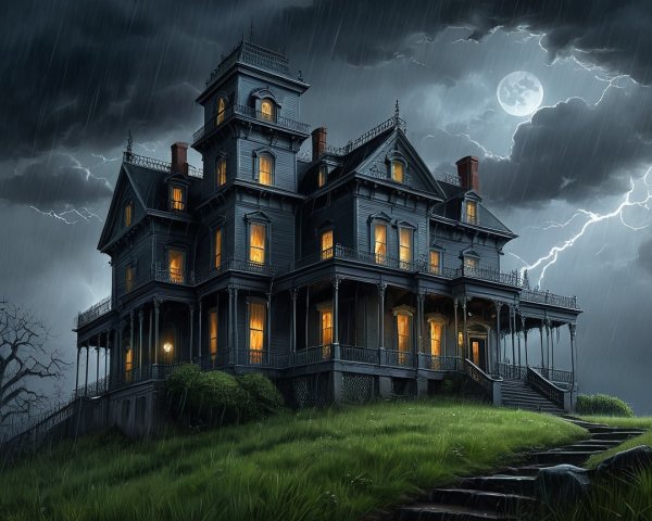 Victorian Mansion Under Stormy Night Sky with Lightning