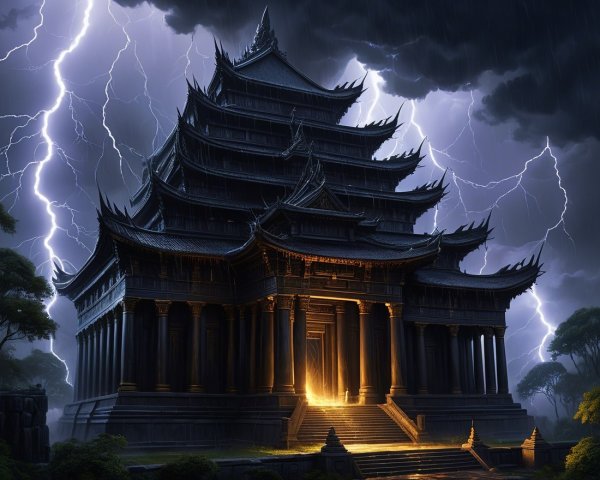 Dark Temple Surrounded by Stormy Sky and Trees