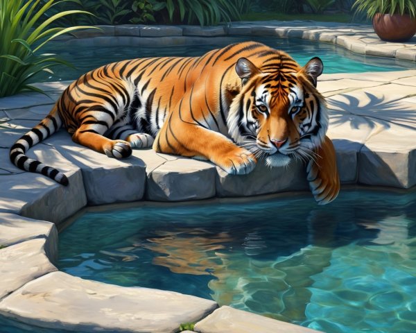 Tiger Relaxing by Pool Surrounded by Lush Greenery