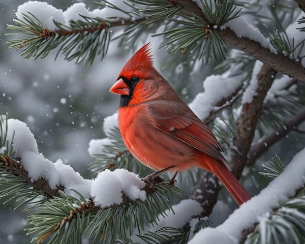 Red Cardinal on Snow-Covered Pine Branch in Winter