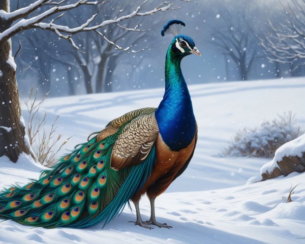 Peacock in Snowy Landscape with Vibrant Plumage