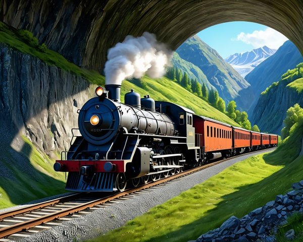 Vintage Steam Locomotive in Scenic Mountain Landscape