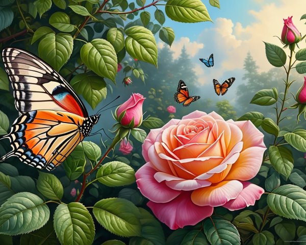 Blooming pink rose with butterflies in a lush garden