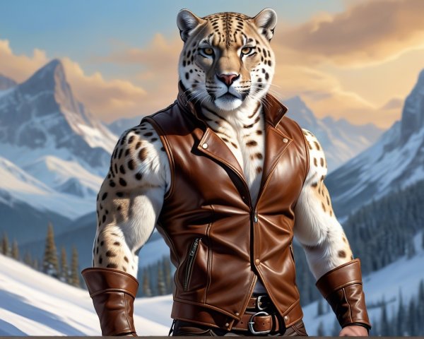 Muscular Leopard Character in Snowy Mountain Landscape