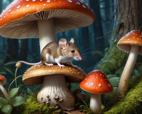 Mouse on Red and White Spotted Mushroom in Forest