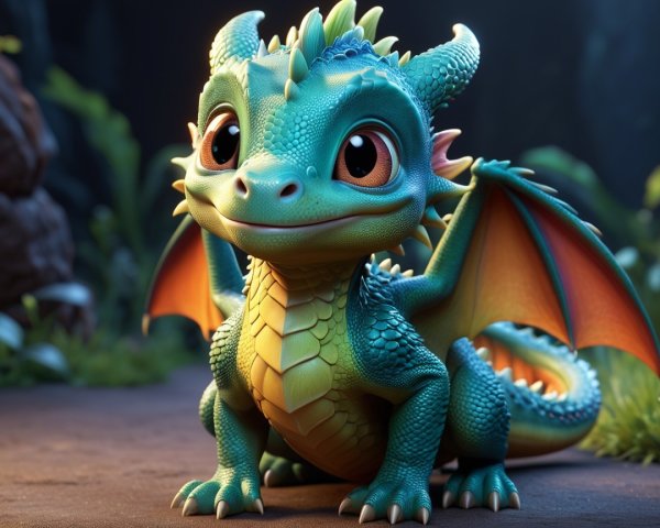 Cartoonish dragon with turquoise scales in forest setting