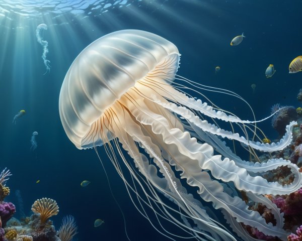 Jellyfish in Clear Waters with Colorful Coral Reefs