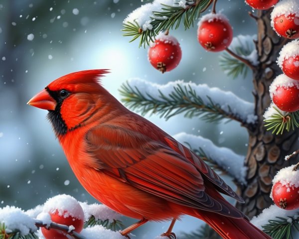 Cardinal on Snowy Pine Branch with Red Berries