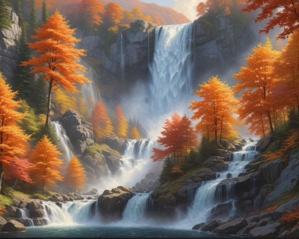 Waterfall Surrounded by Autumn Foliage and Mist