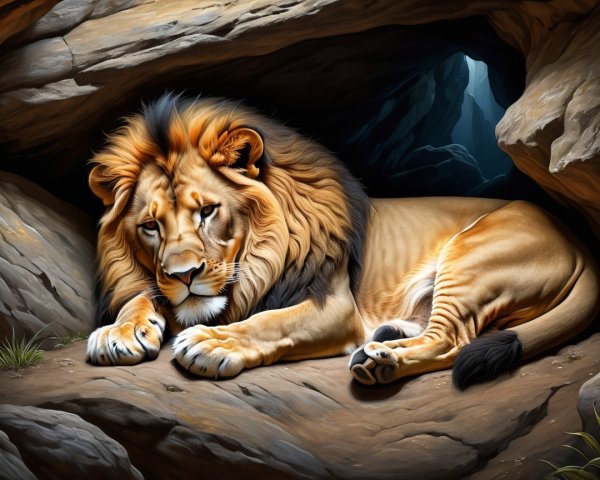 Lion Resting in Rocky Cave with Golden Mane