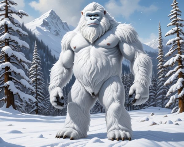 Yeti in Snowy Landscape with Evergreen Trees and Mountains
