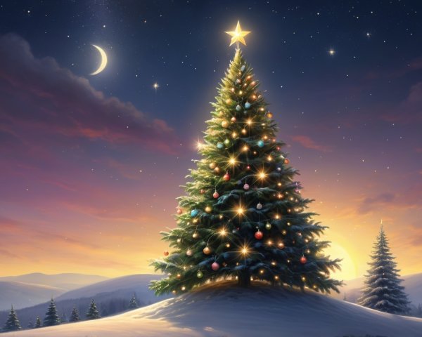 Twilight Winter Wonderland with Decorated Christmas Tree