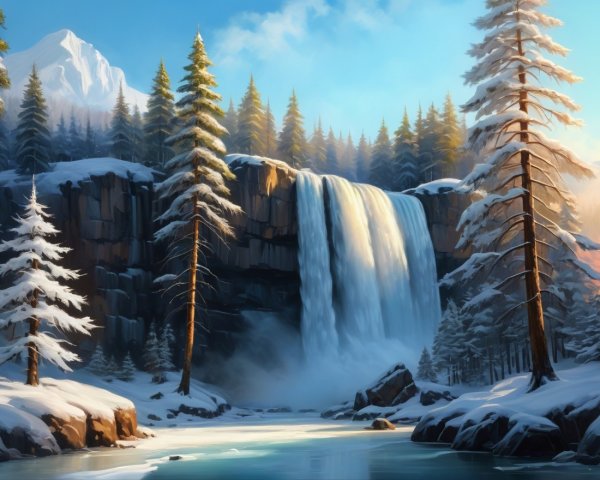 Winter Landscape with Waterfall and Snowy Trees