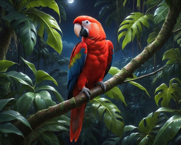 Scarlet Macaw in Tropical Rainforest Under Moonlight