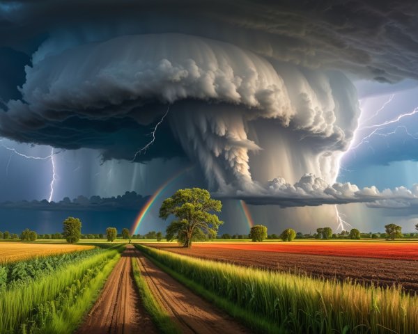 Dramatic Storm Cloud Over Rural Landscape with Rainbow
