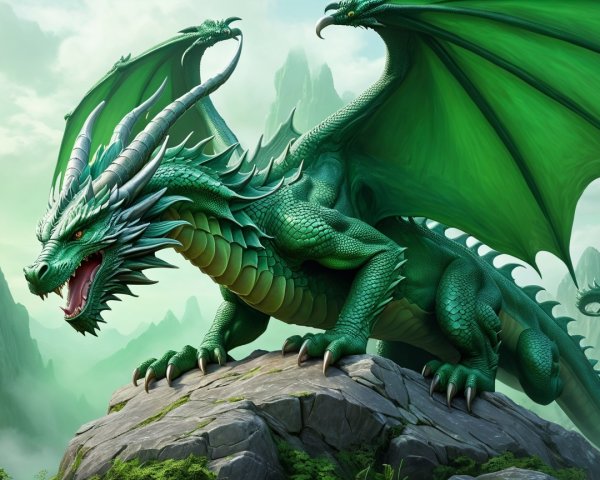 Majestic green dragon on rocky outcrop in sunlight