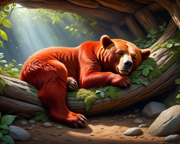 Brown bear sleeping in a cozy tree branch nook