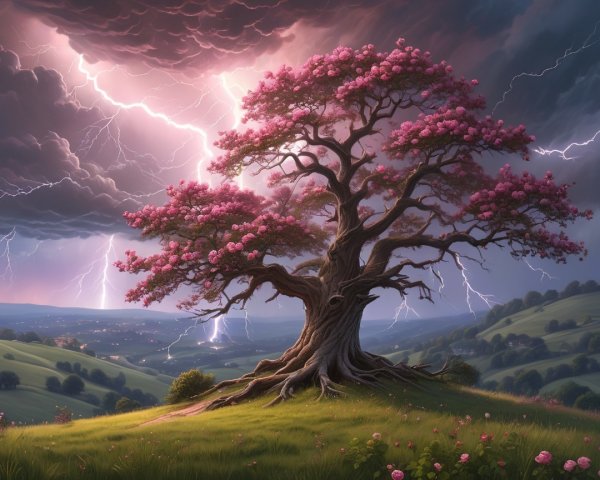Majestic tree with pink blossoms on a rolling hill