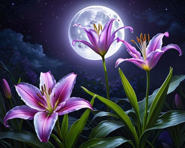 Pink Lilies Under Full Moonlight with Twinkling Stars