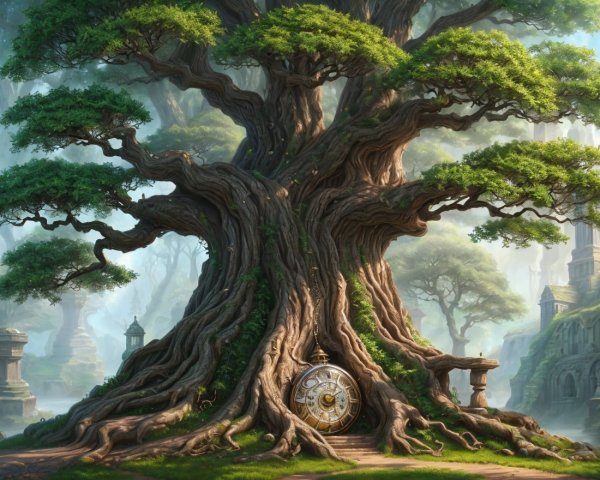 Ancient tree with clock and ruins in misty background