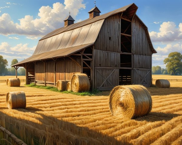 Rustic Barn in Golden Field with Hay Bales and Trees