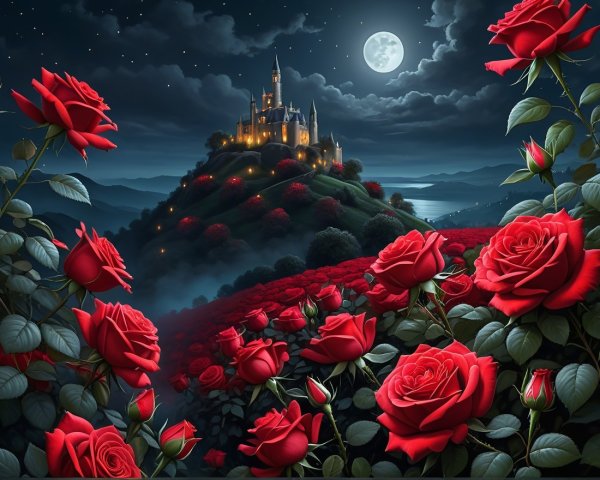 Castle on Hill Surrounded by Roses Under Full Moon