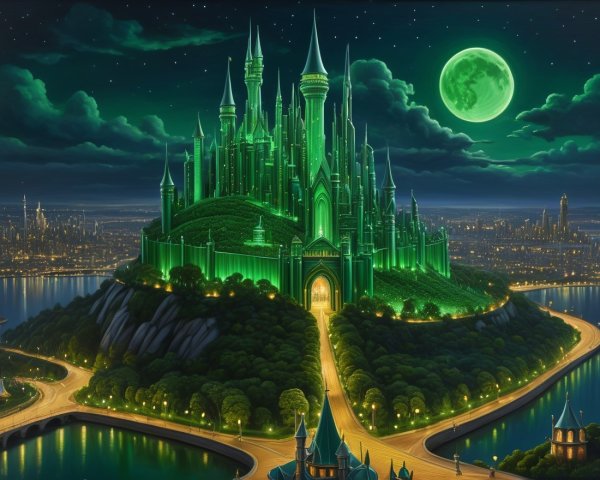 Emerald Castle on a Hill Under a Glowing Moon