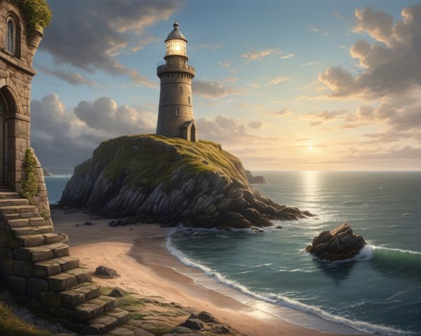 Lighthouse on Rocky Promontory at Sunset Over Sea
