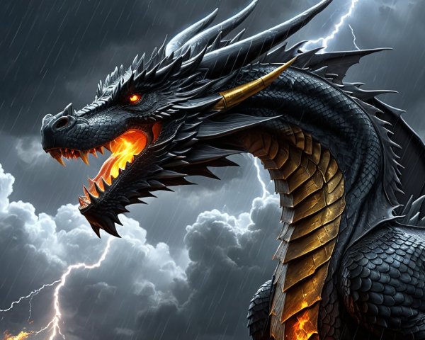 Majestic black dragon against a stormy sky backdrop