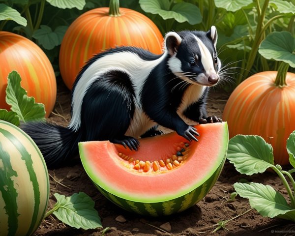 Playful Skunk on Watermelon Surrounded by Pumpkins