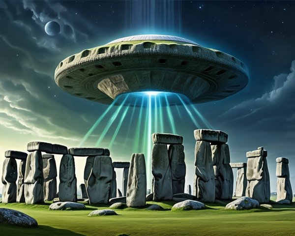 UFO Above Stonehenge with Light Beams and Clouds