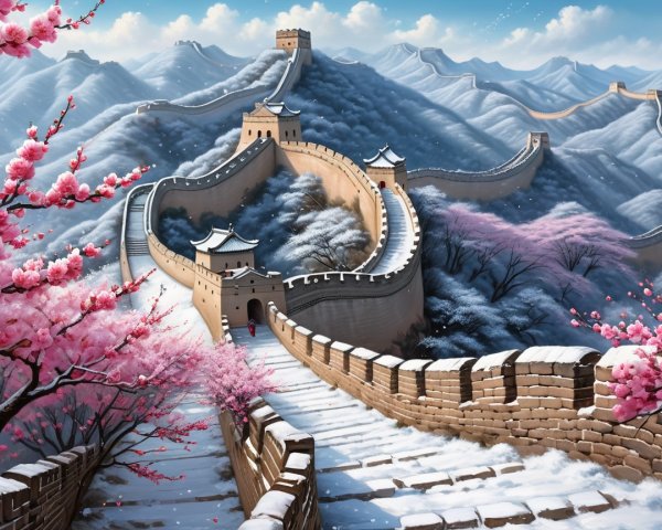 Snowy Great Wall of China with Cherry Blossoms