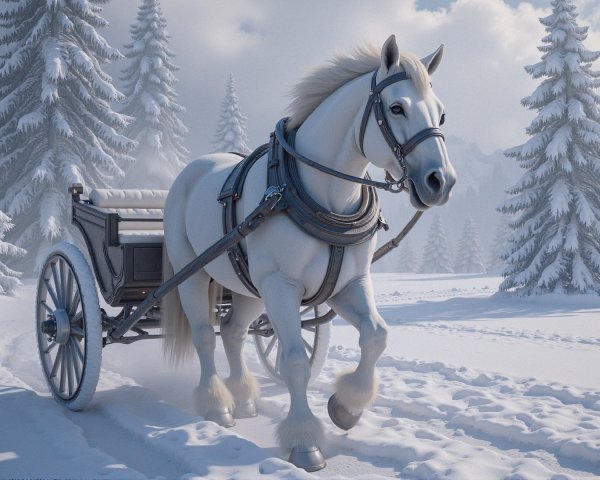 White Horse Pulling Vintage Carriage in Winter Landscape