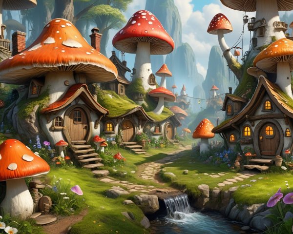 Whimsical Landscape with Mushroom-Shaped Houses