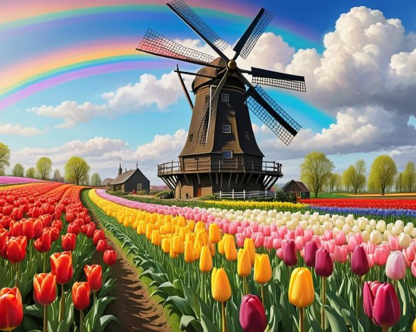 Traditional Windmill Amid Colorful Tulip Fields
