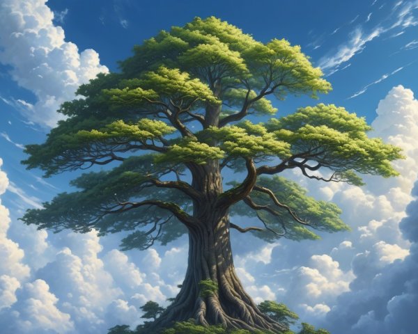 Majestic tree under blue sky with fluffy clouds