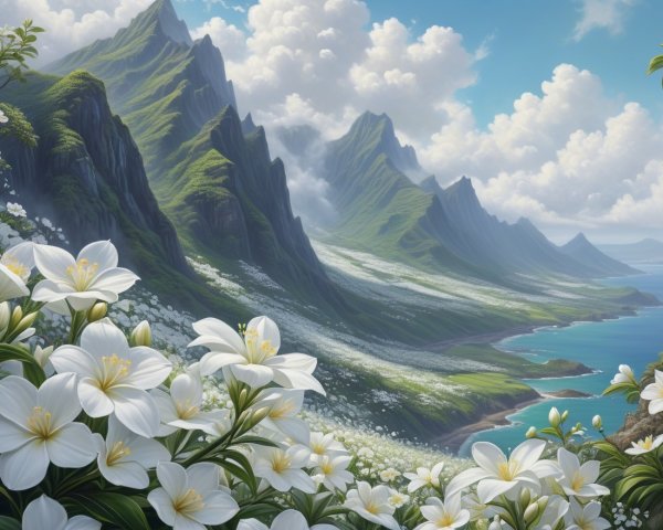 Lush Green Mountains with White Flowers and Coastline