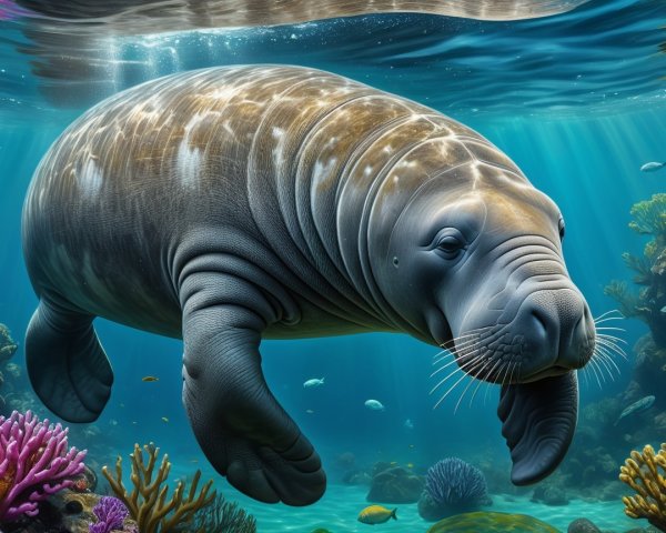 Underwater Scene with Manatee and Coral Reefs